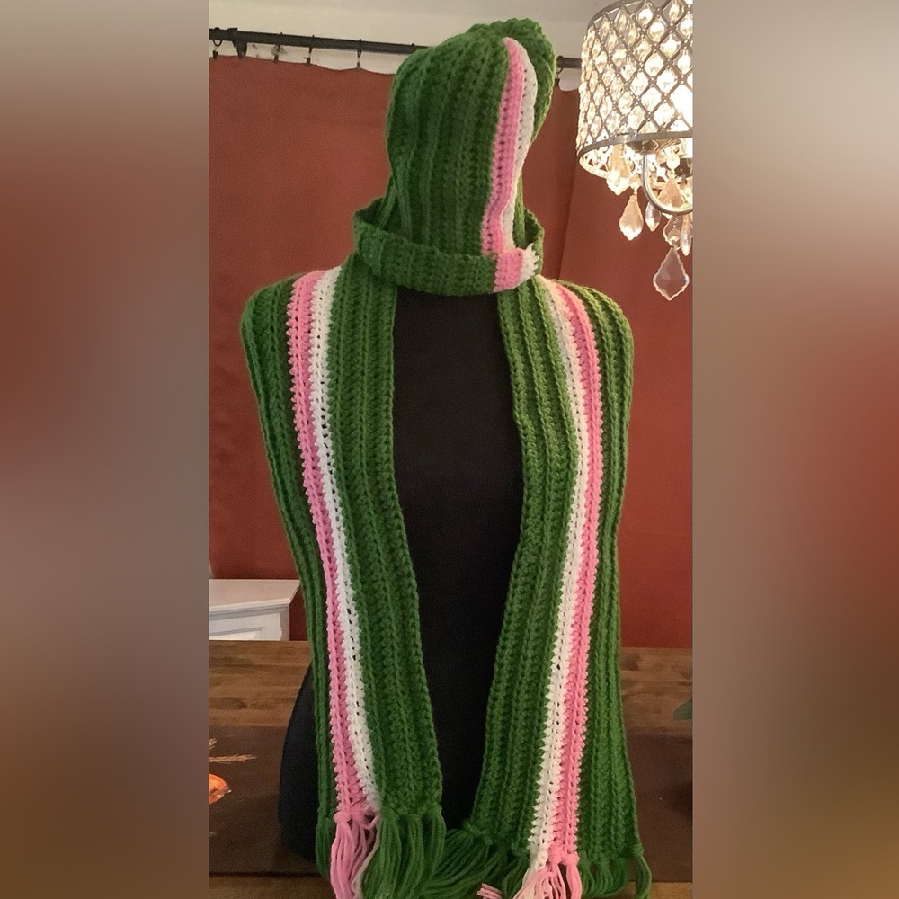 Pink and green crochet hat and scarf set